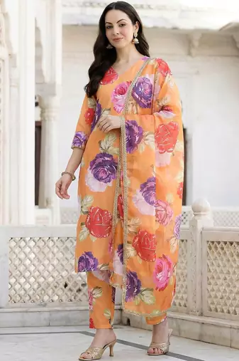 Orange Printed Straight Kurta Trousers Dupatta Set Kurta Sets