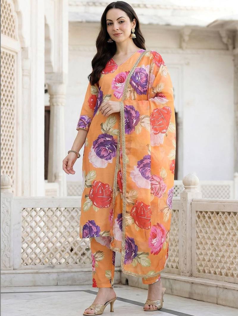Orange Printed Straight Kurta Trousers Dupatta Set Kurta Sets