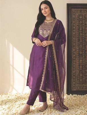 Women Ethnic Motifs Embroidered Regular Sequinned Liva Kurta with Trousers & With Dupatta 5