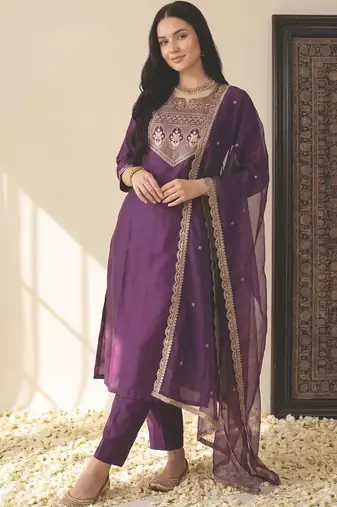 Women Ethnic Motifs Embroidered Regular Sequinned Liva Kurta with Trousers & With Dupatta