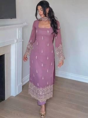 Women's Beautiful Embroidery Work Faux Georgette Fabric Straight Kurta Pant and Dupatta Set 1