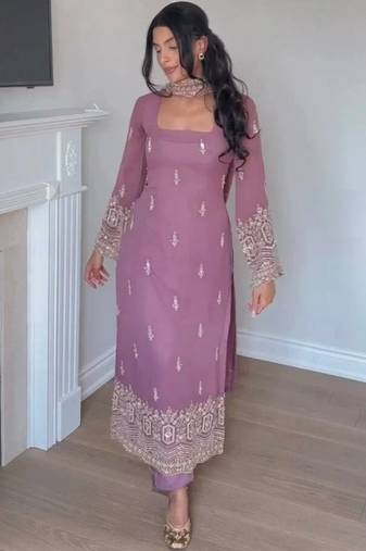 Women's Beautiful Embroidery Work Faux Georgette Fabric Straight Kurta Pant and Dupatta Set