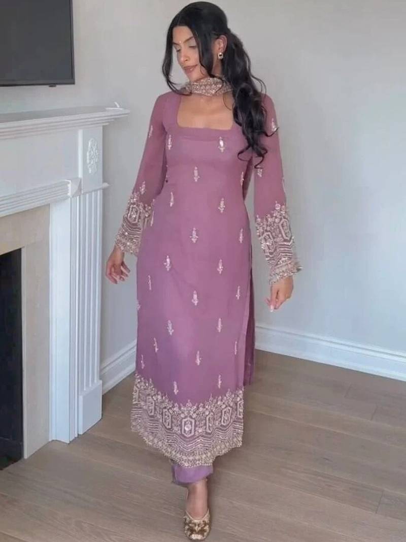 Women's Beautiful Embroidery Work Faux Georgette Fabric Straight Kurta Pant and Dupatta Set