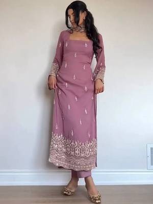 Women's Beautiful Embroidery Work Faux Georgette Fabric Straight Kurta Pant and Dupatta Set 4
