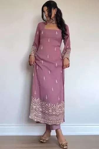 Women's Beautiful Embroidery Work Faux Georgette Fabric Straight Kurta Pant and Dupatta Set