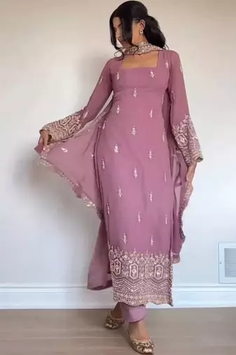 Women's Beautiful Embroidery Work Faux Georgette Fabric Straight Kurta Pant and Dupatta Set