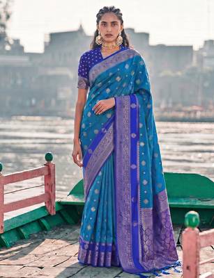 elegant sky blue banarasi silk blend saree for women festive wedding wear 1