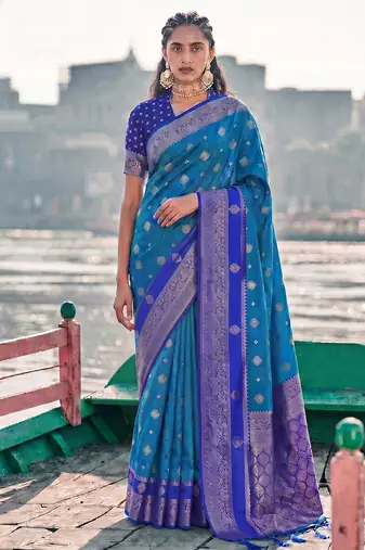 elegant sky blue banarasi silk blend saree for women festive wedding wear