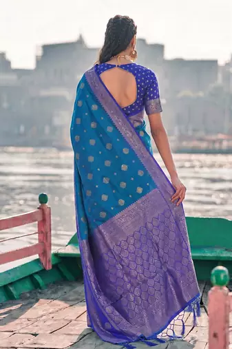 elegant sky blue banarasi silk blend saree for women festive wedding wear