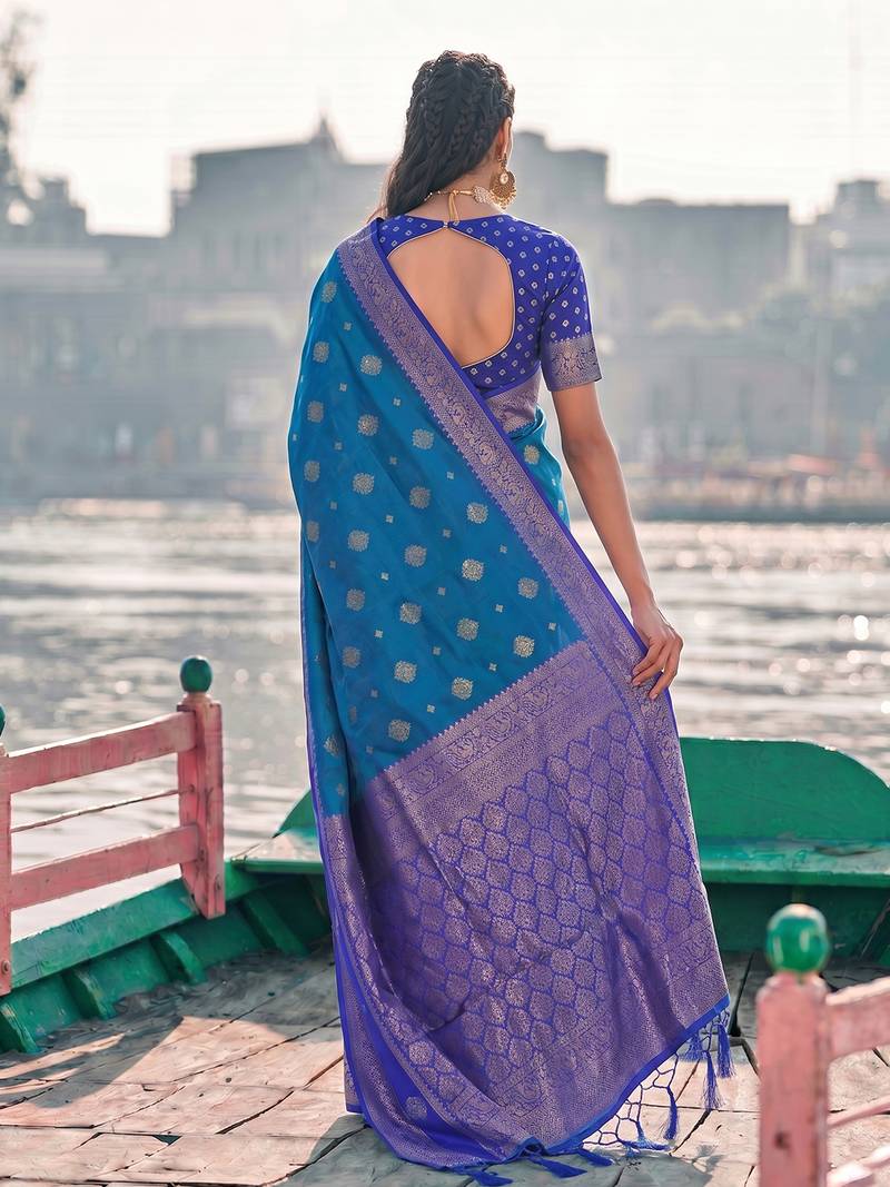 elegant sky blue banarasi silk blend saree for women festive wedding wear