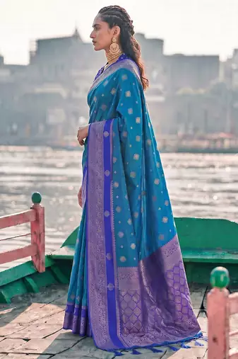 elegant sky blue banarasi silk blend saree for women festive wedding wear
