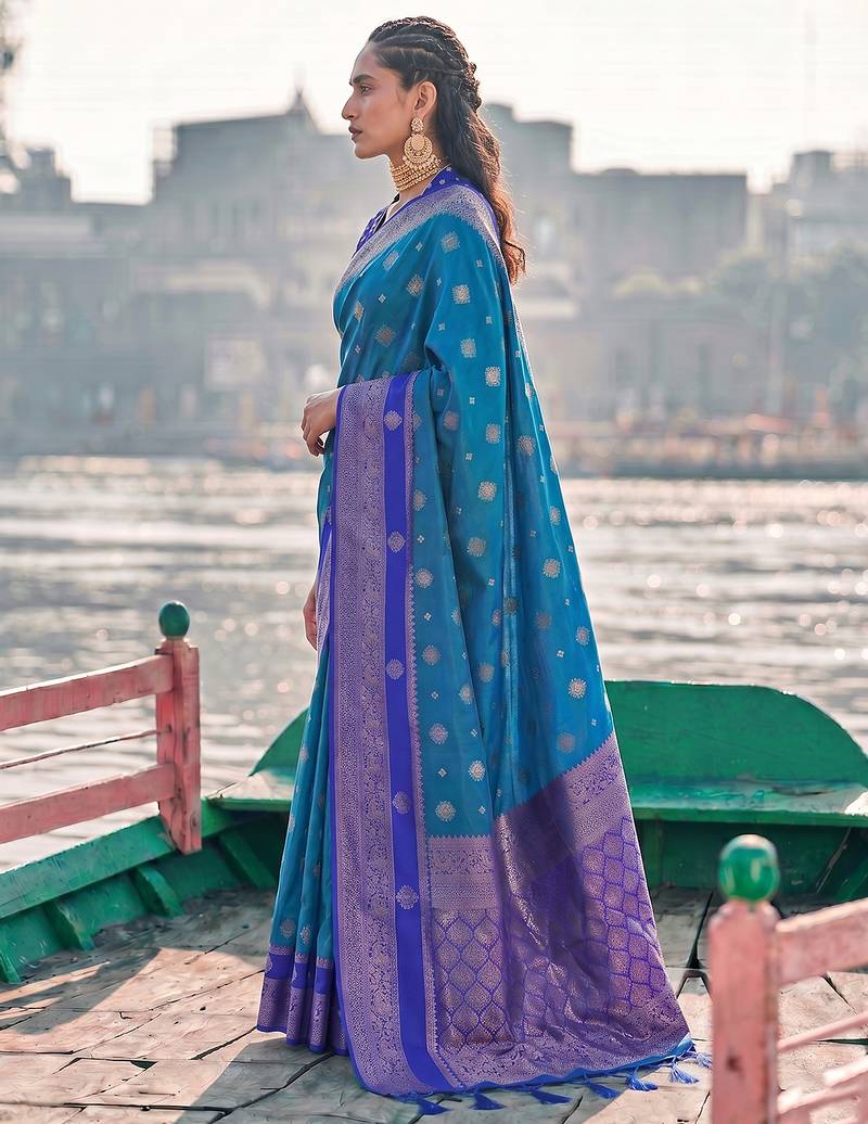 elegant sky blue banarasi silk blend saree for women festive wedding wear