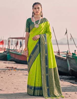 exclusive mehendi green banarasi silk blend saree for women festive wedding wear 1