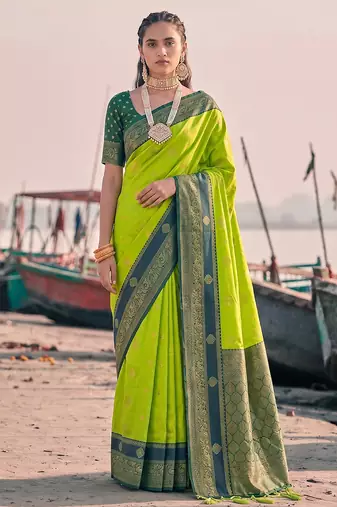 exclusive mehendi green banarasi silk blend saree for women festive wedding wear