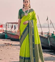 exclusive mehendi green banarasi silk blend saree for women festive wedding wear
