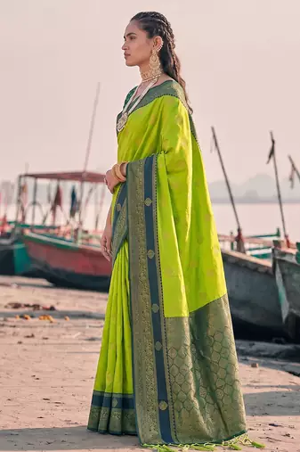 exclusive mehendi green banarasi silk blend saree for women festive wedding wear
