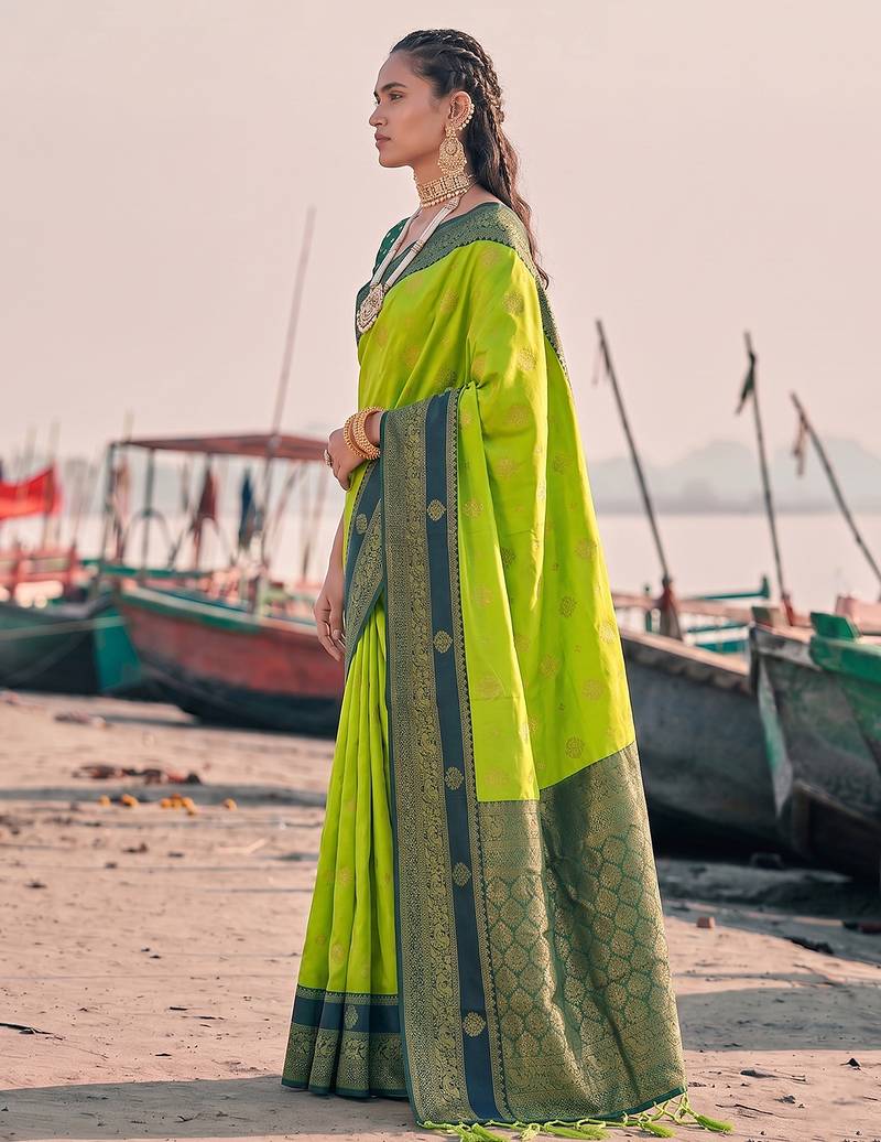 exclusive mehendi green banarasi silk blend saree for women festive wedding wear