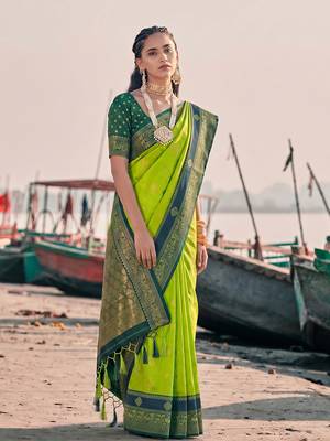 exclusive mehendi green banarasi silk blend saree for women festive wedding wear 3