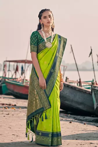 exclusive mehendi green banarasi silk blend saree for women festive wedding wear