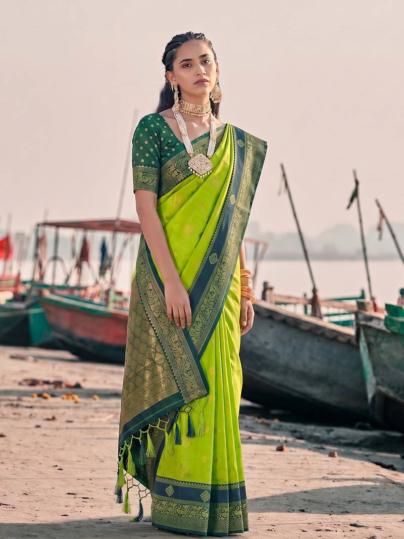 exclusive mehendi green banarasi silk blend saree for women festive wedding wear