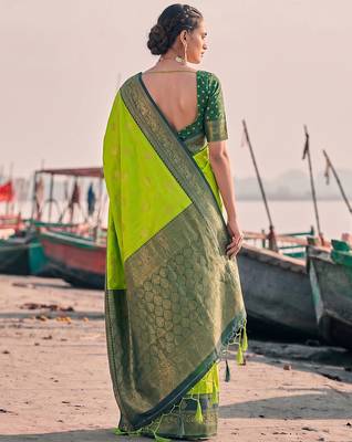 exclusive mehendi green banarasi silk blend saree for women festive wedding wear 4