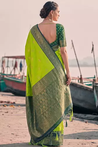 exclusive mehendi green banarasi silk blend saree for women festive wedding wear