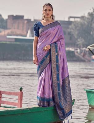 elegant purple banarasi silk blend saree for women festive wedding party wear 1