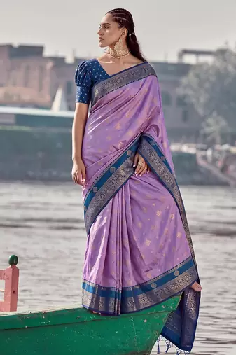 elegant purple banarasi silk blend saree for women festive wedding party wear