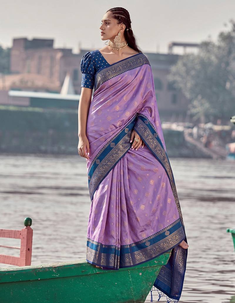 elegant purple banarasi silk blend saree for women festive wedding party wear