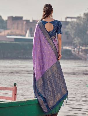 elegant purple banarasi silk blend saree for women festive wedding party wear 3