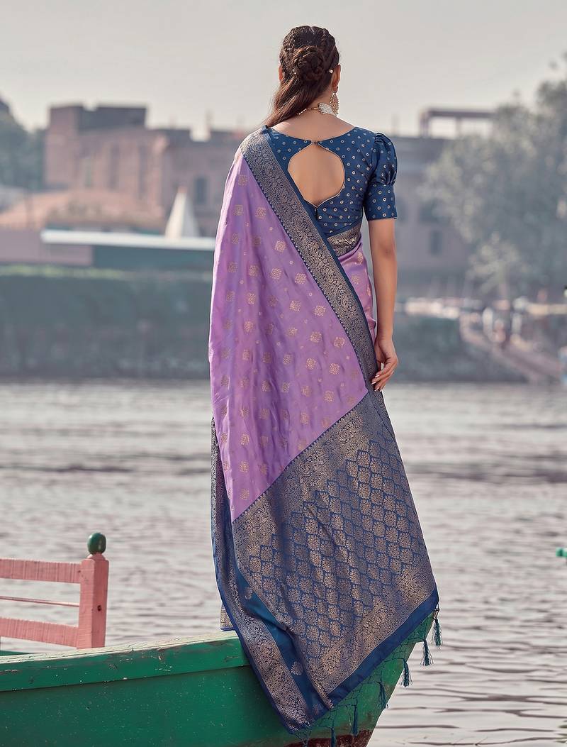 elegant purple banarasi silk blend saree for women festive wedding party wear