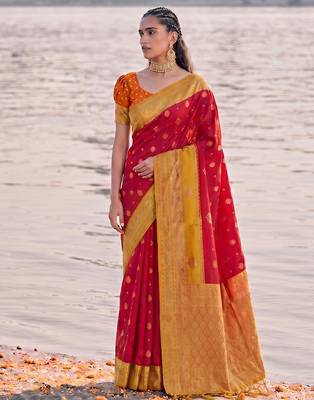 exclusive red banarasi silk blend saree for women festive wedding traditional wear 1