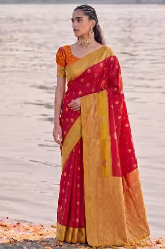 exclusive red banarasi silk blend saree for women festive wedding traditional wear