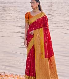 exclusive red banarasi silk blend saree for women festive wedding traditional wear