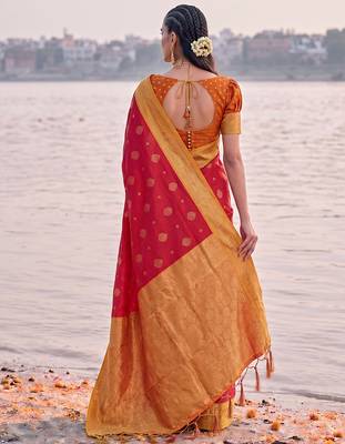 exclusive red banarasi silk blend saree for women festive wedding traditional wear 2
