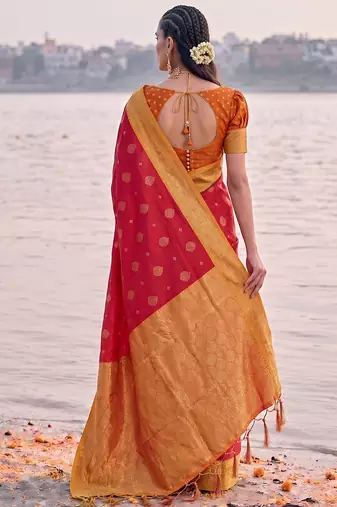 exclusive red banarasi silk blend saree for women festive wedding traditional wear