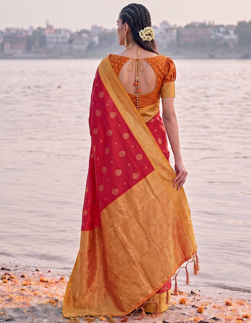 exclusive red banarasi silk blend saree for women festive wedding traditional wear