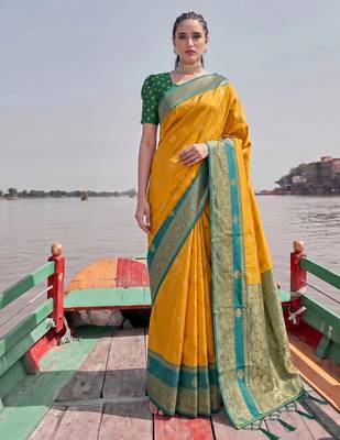 elegant mustard banarasi silk blend saree for women festive wedding party wear 1