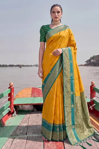 elegant mustard banarasi silk blend saree for women festive wedding party wear