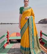 elegant mustard banarasi silk blend saree for women festive wedding party wear