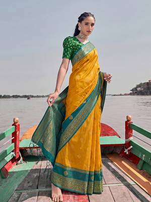 elegant mustard banarasi silk blend saree for women festive wedding party wear 2