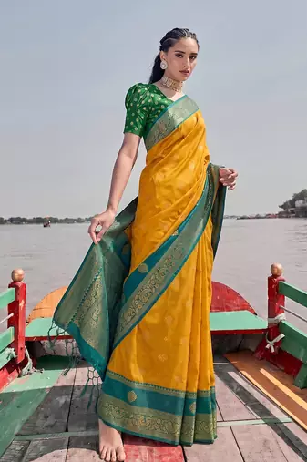 elegant mustard banarasi silk blend saree for women festive wedding party wear