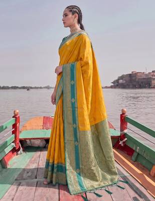 elegant mustard banarasi silk blend saree for women festive wedding party wear 3