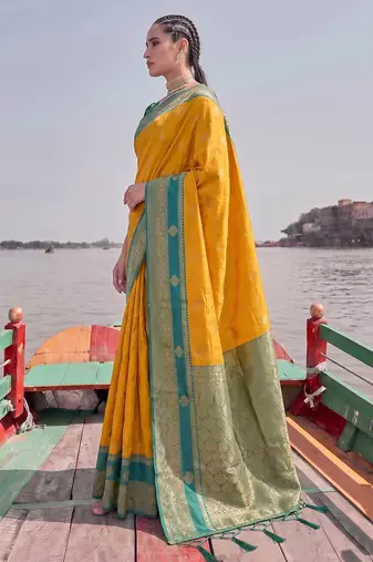 elegant mustard banarasi silk blend saree for women festive wedding party wear