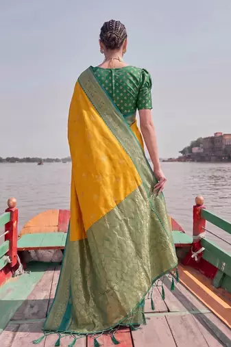 elegant mustard banarasi silk blend saree for women festive wedding party wear