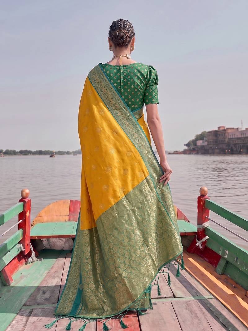 elegant mustard banarasi silk blend saree for women festive wedding party wear
