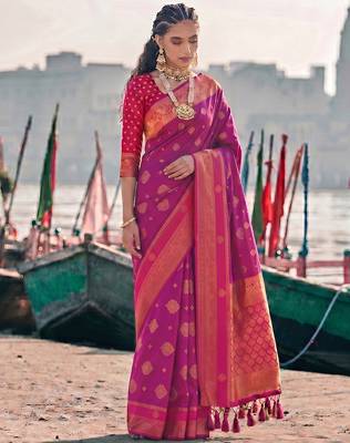 exclusive rani pink banarasi silk blend saree for women festive wedding traditional wear 1