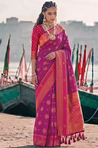 exclusive rani pink banarasi silk blend saree for women festive wedding traditional wear