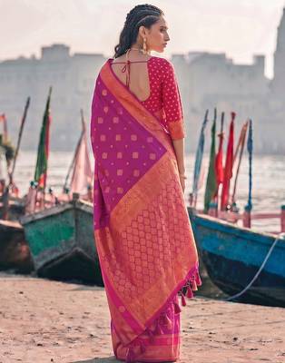exclusive rani pink banarasi silk blend saree for women festive wedding traditional wear 2