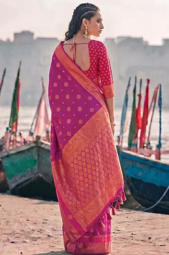 exclusive rani pink banarasi silk blend saree for women festive wedding traditional wear